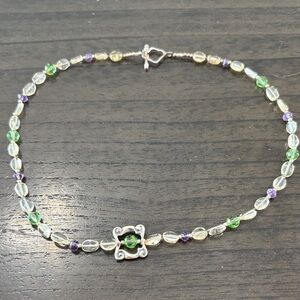 Elegant Sterling Silver Beaded Choker with Green and Purple Accents